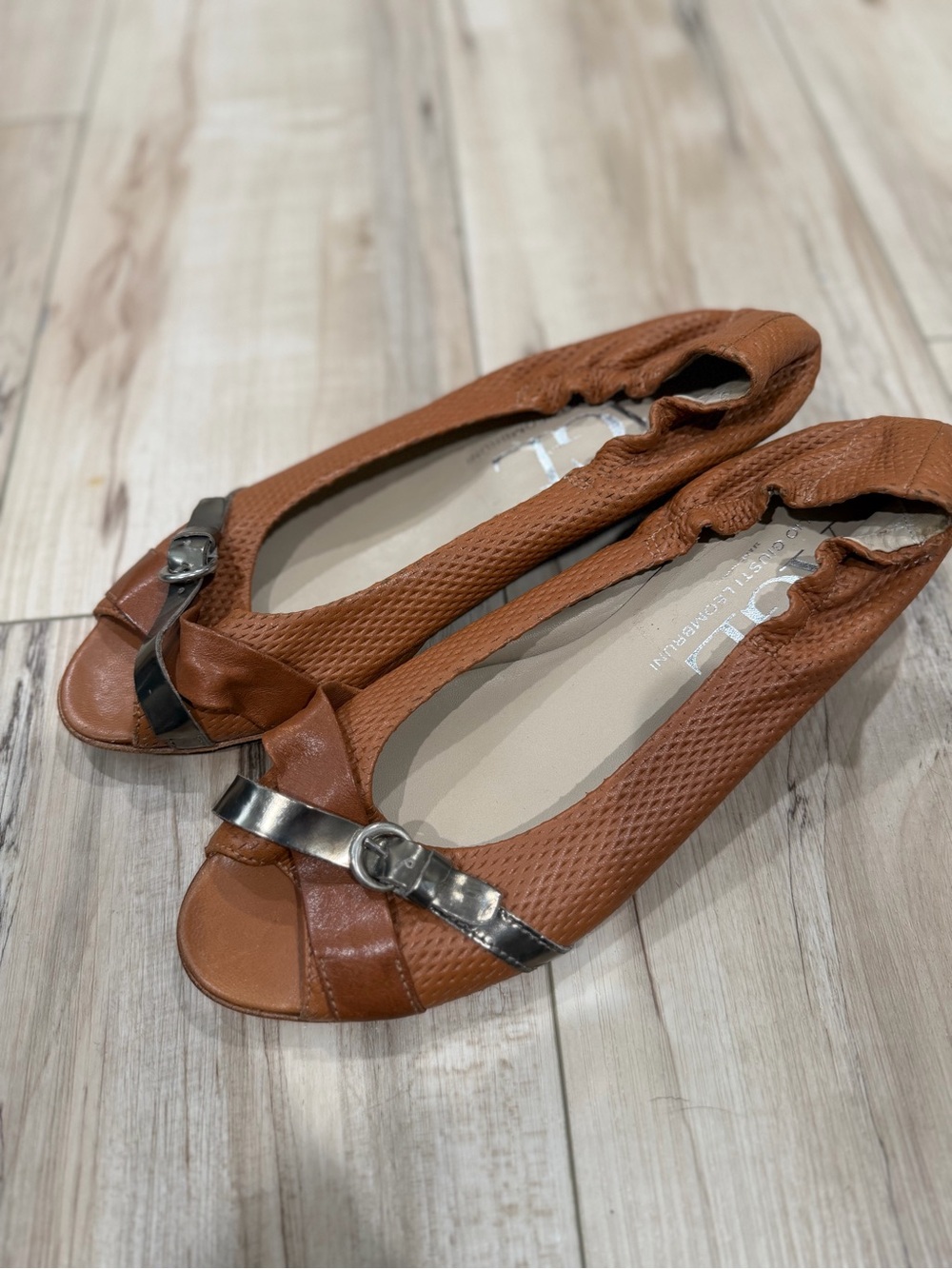 Agl Tan Leather Ballet Flats with Metallic Buckle